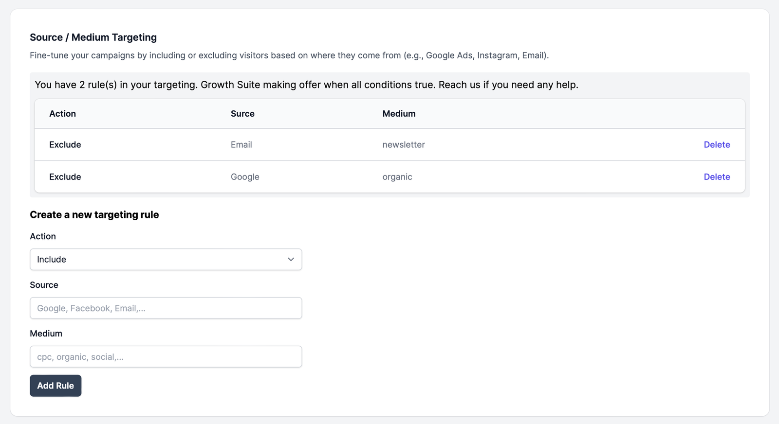 Growth Suite Source/Medium Targeting Feature