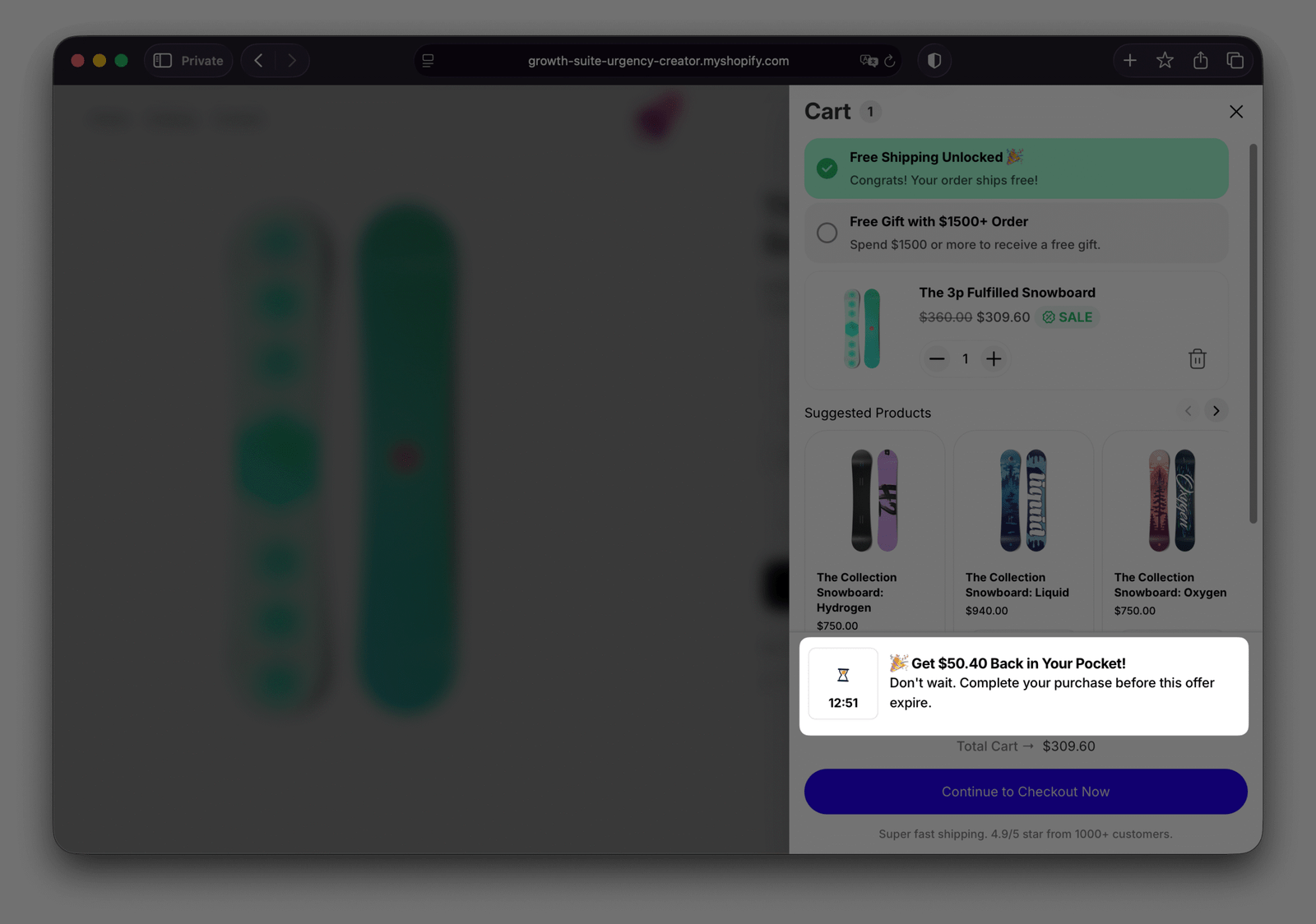 Growth Suite showing time limited discount offers on the cart drawer - Shopify Discount App